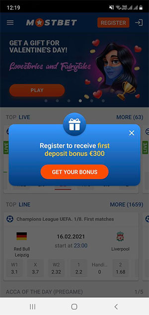 Mostbet lobby main page on android smartphone.