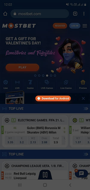 Android download button on the Mostbet main page.