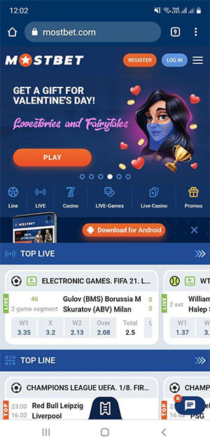 A página principal da Mostbet na plataforma Android.