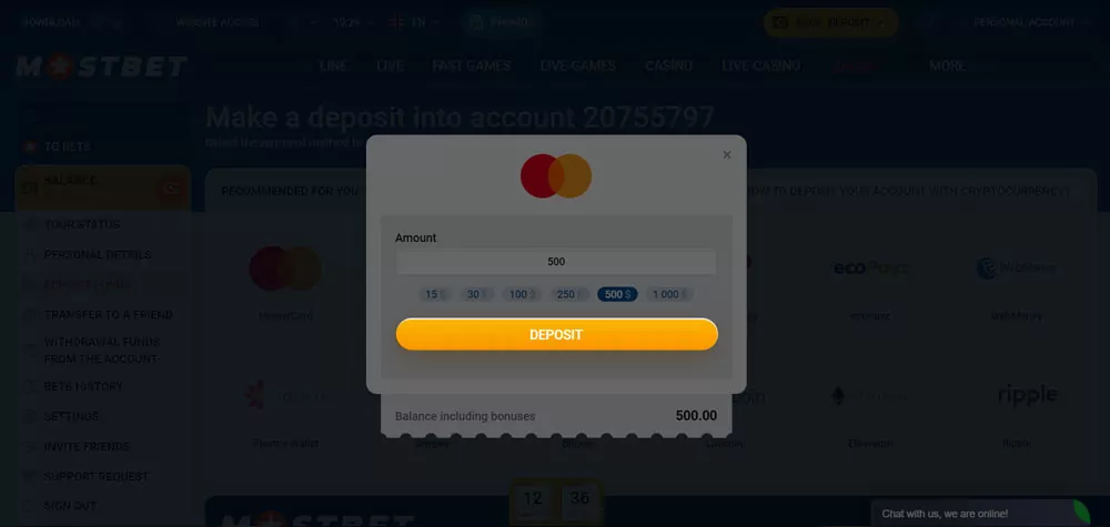 Confirm deposit at Mostbet.