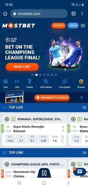The main page of mostbet sport betting platform.